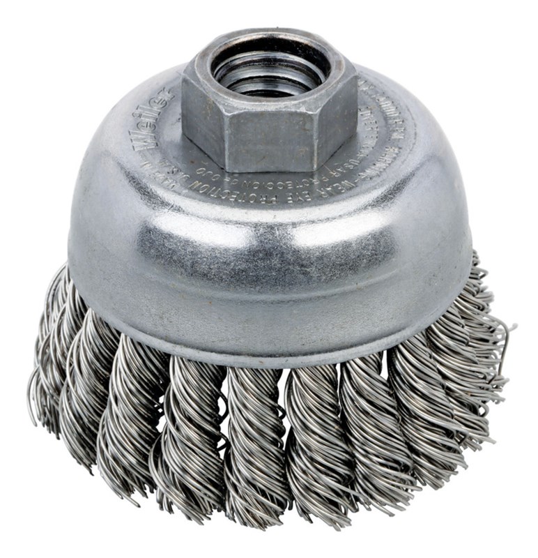 Brosse à coupelle en fil métallique tressé, diamètre 2-3/4" (70 mm) x 0,020 x 5/8"-11 UNC AH, acier inoxydable